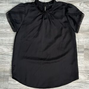 J Crew Black Short Sleeve Lace Trim Blouse Sz XXS